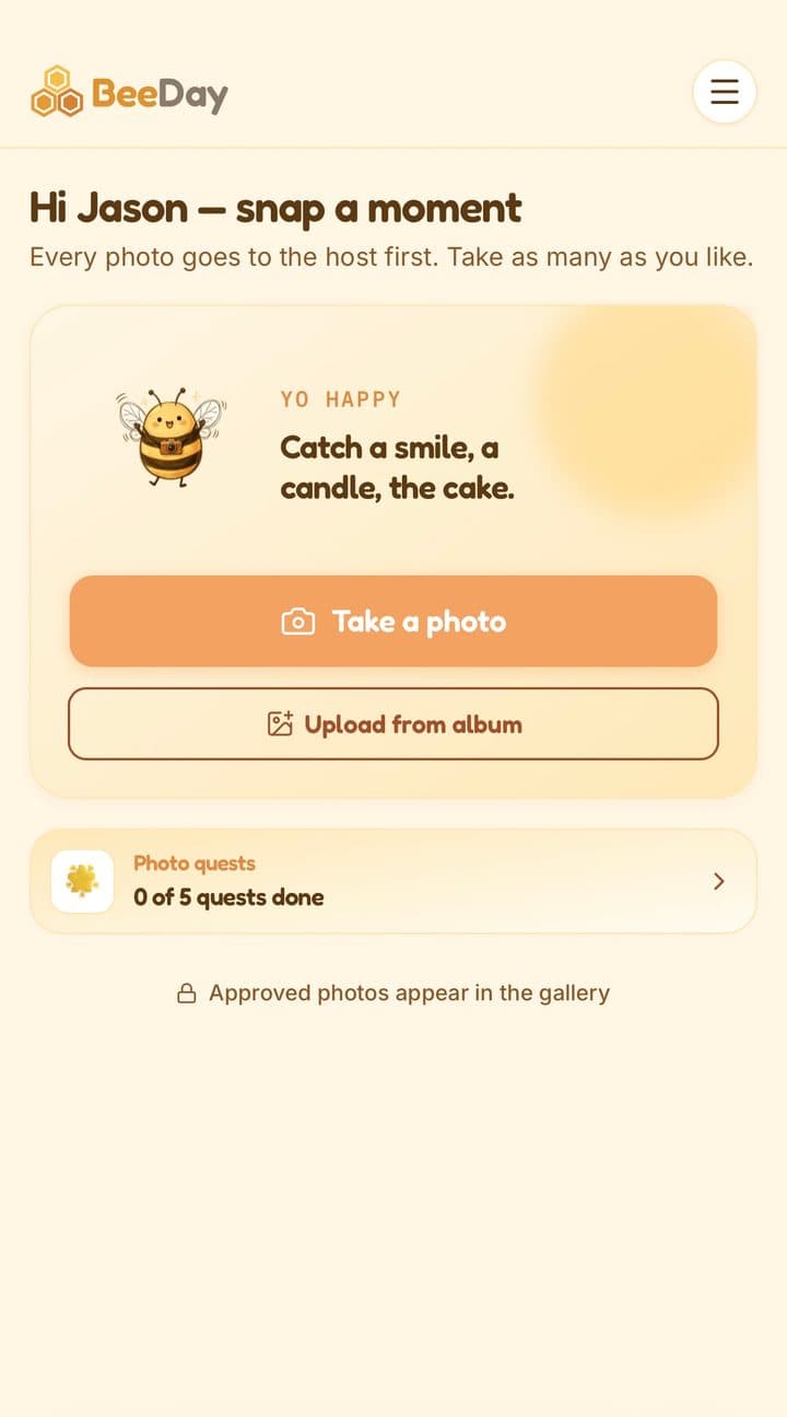 The guest camera screen: a warm note from the host and a big Take a photo button