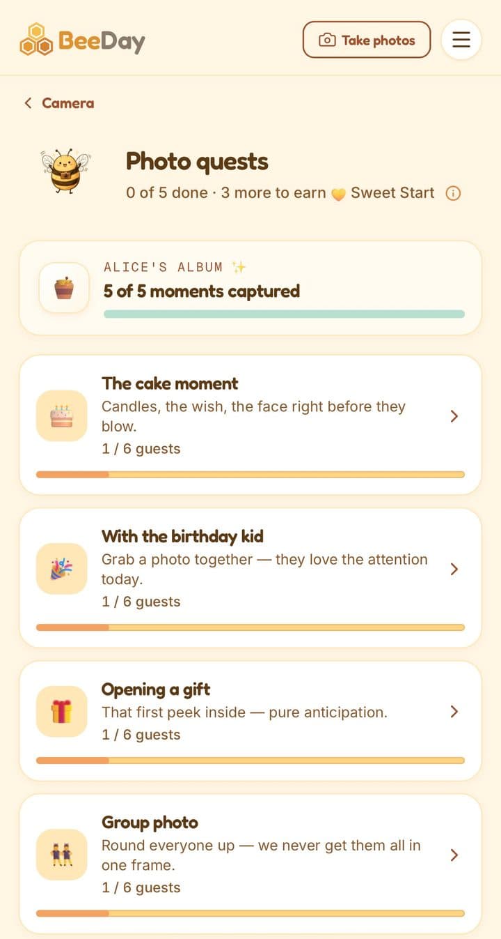 The photo quests page: five playful prompts with progress bars