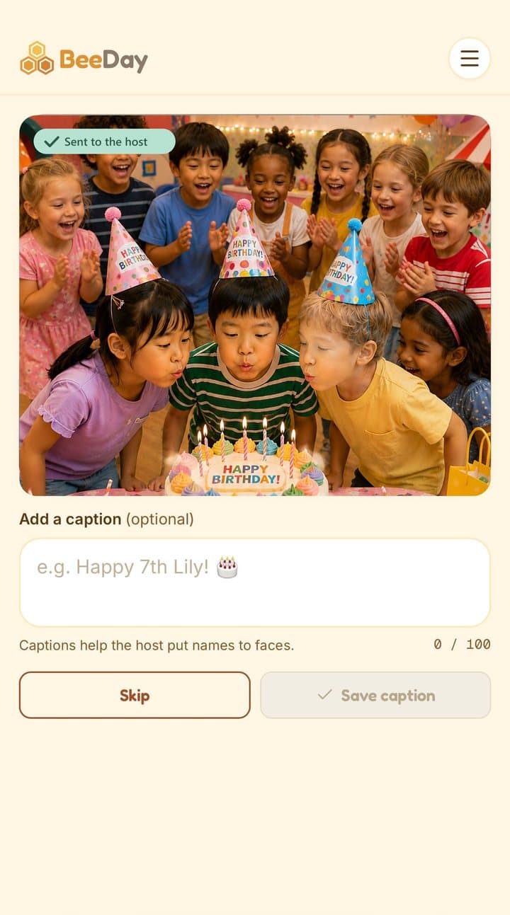 A just-taken party photo marked Sent to the host, with an optional caption box